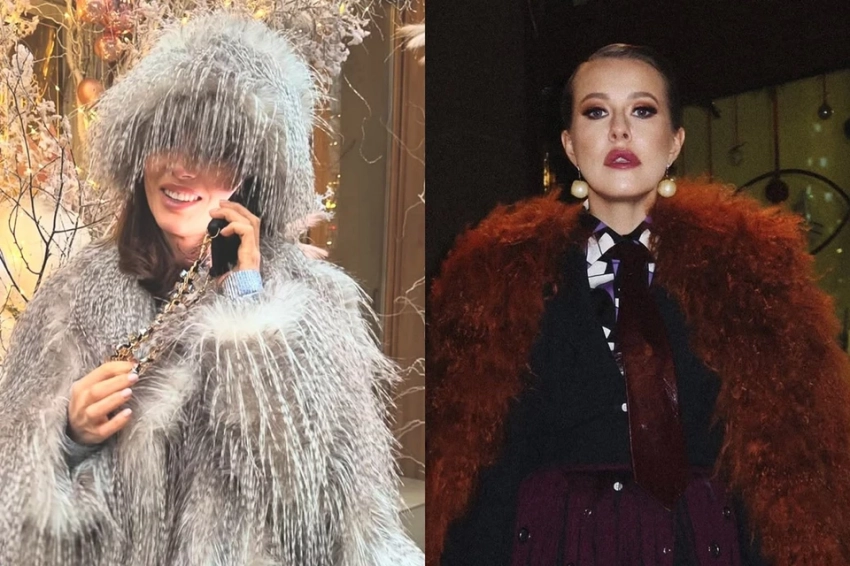 Наряжаемся в меха: Чехова — в шапке-«абажуре» и шубе под страуса, Собчак — в рыжей ламе