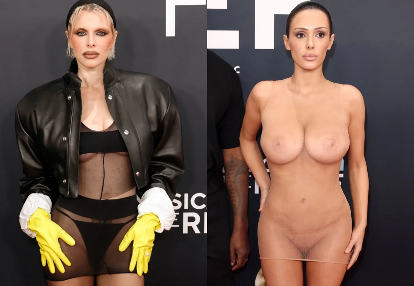 Бывшая девушка Канье Уэста Джулия Фокс и его жена Бьянка Цензори обе вышли в свет в "голых" платьях