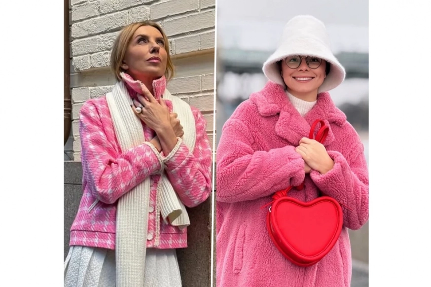 Звезды в розовом: Бондарчук — в твидовом жакете в оттенке Barbie, Брухунова — в яркой шубе