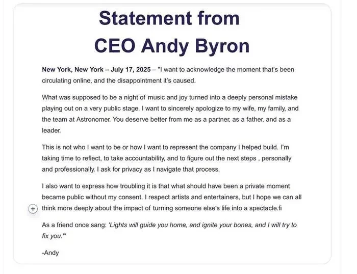 Astronomer выступила с заявлением после скандала с изменой их главы на концерте Coldplay и опровергла, что вместе с ним была их сотрудница