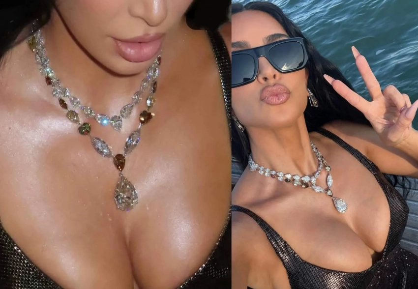 В сети обсуждают колье весом в 105 каратов, которое Ким Кардашьян надела на свадьбу Лорен Санчес и Джеффа Безоса